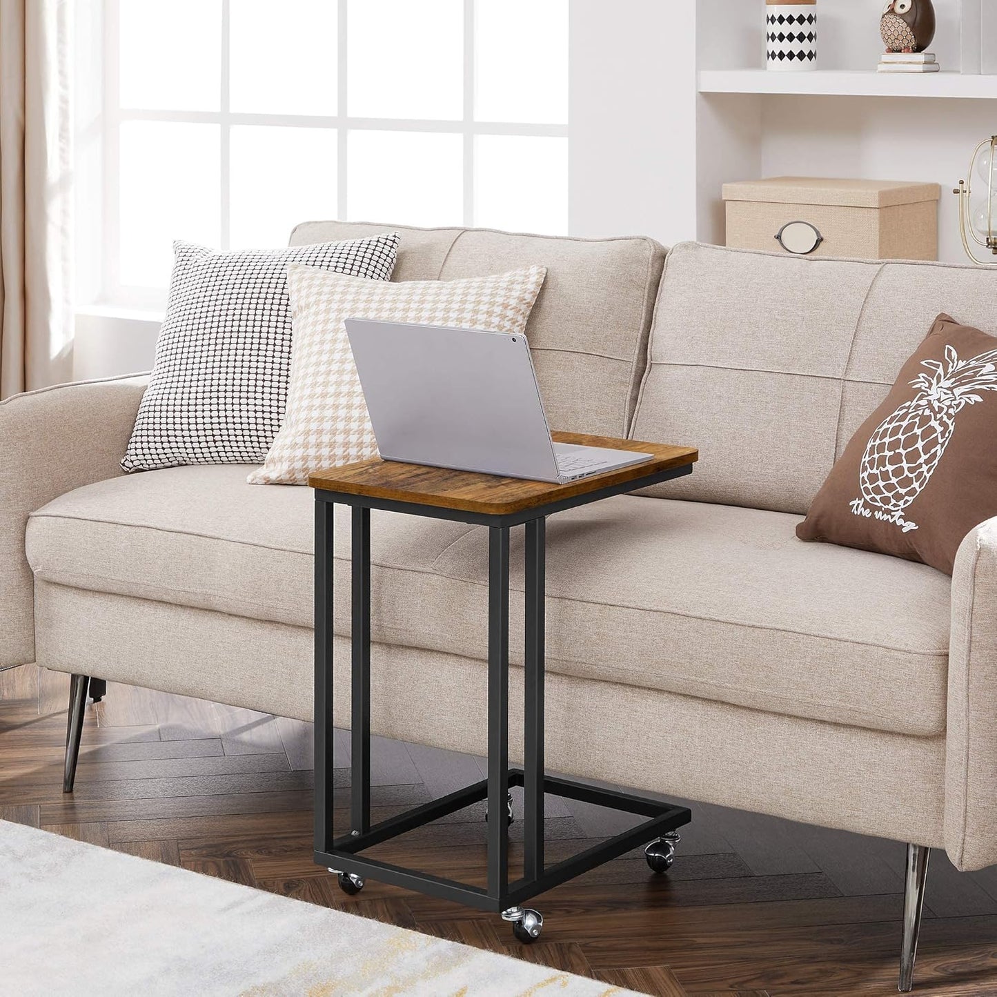 C Shaped TV Tray with Metal Frame Rolling Casters, Industrial Side Table for Living Room Bedroom