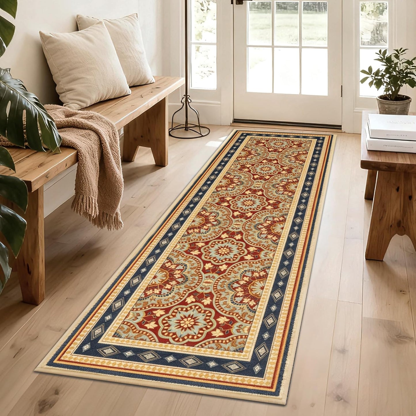 Washable 2x6 Runner Rug, Soft Boho Kitchen Hallway Runner Rug TPR Non-Slip Low Pile Farmhouse Floor Mat for Bathroom Laundry Bedroom Burgundy