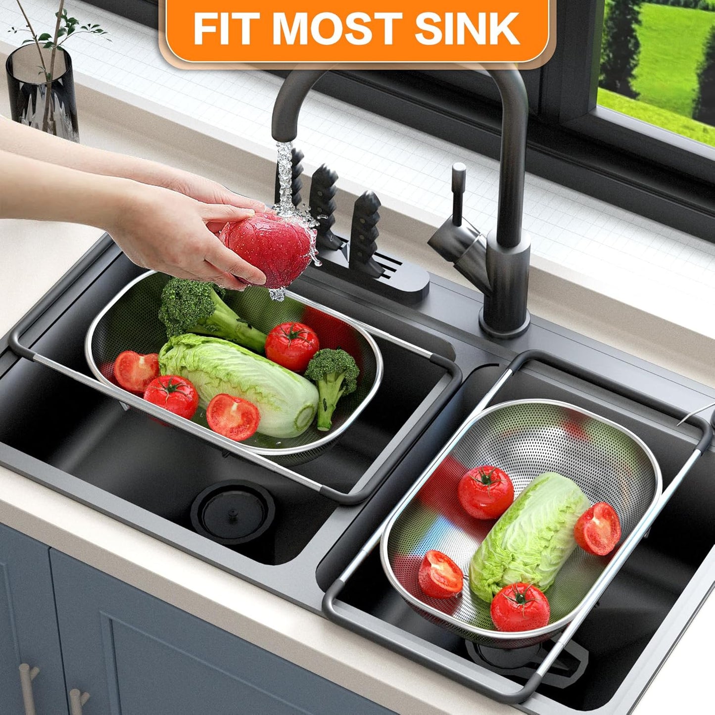 Over the Sink Colander - Strainers and Colanders -Expandable Fine Mesh Strainer with Rubber Grip for Veggie, Fruits, Pasta,