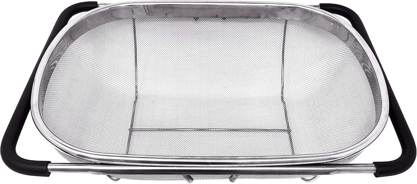 Over the Sink Colander Strainer Basket Stainless Steel, For Kitchen Sink with Rubber Grip, Fine Mesh, Large Kitchen Gadgets Tools