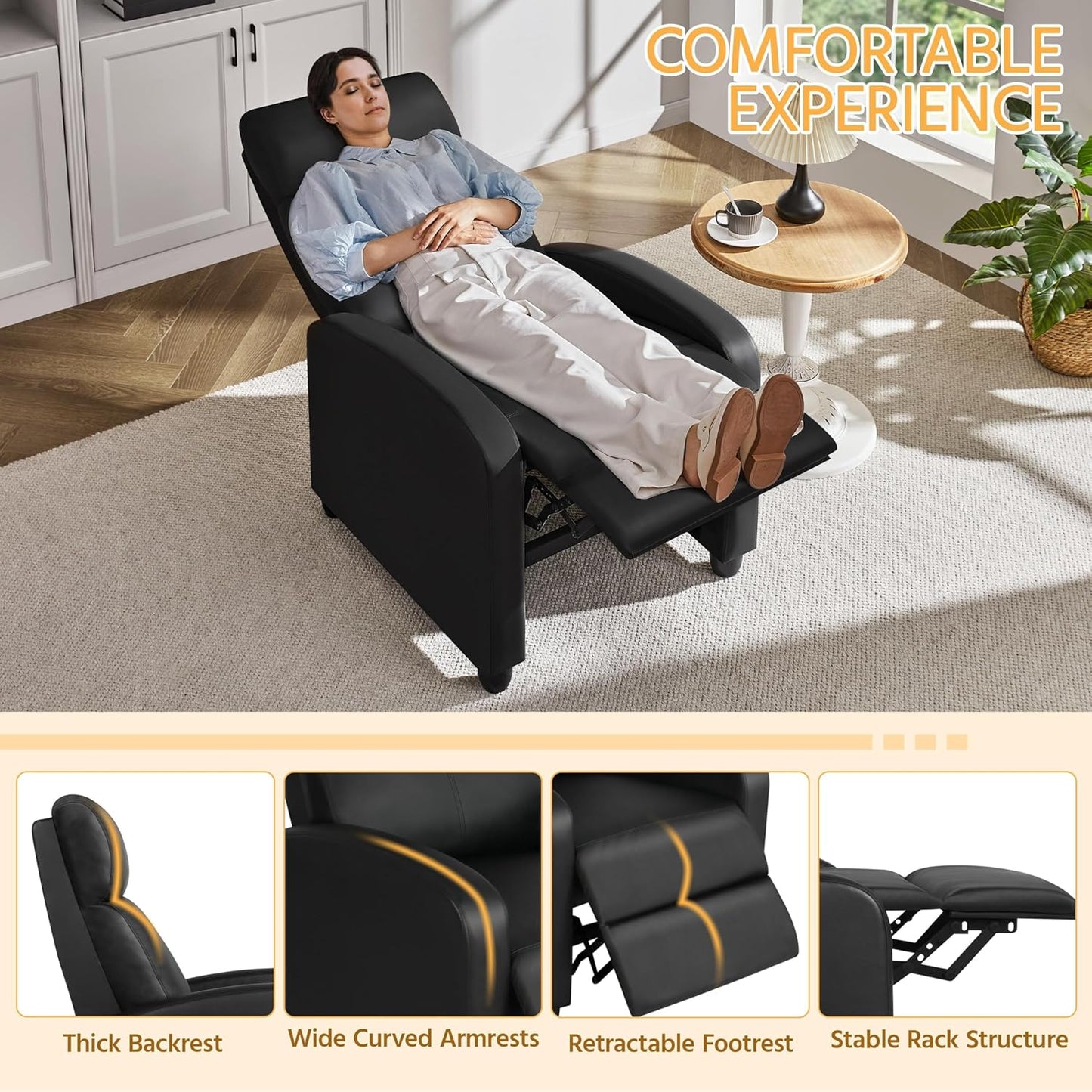 PU Leather Recliner Chair with Lumbar Support - Overstuffed High-Density Sponge Home Theater Seating Armchai