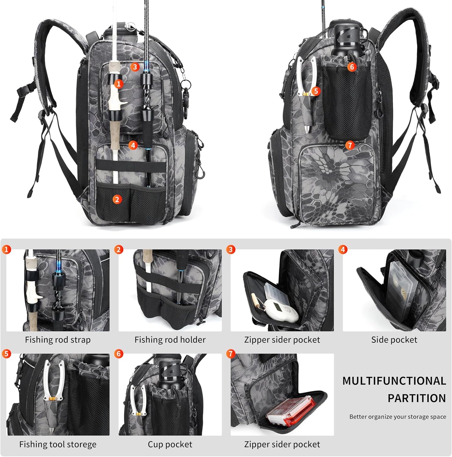 Fishing Tackle Backpack with Rod Holders, Bottle Holder, Storage Bag Store Fishing Gear