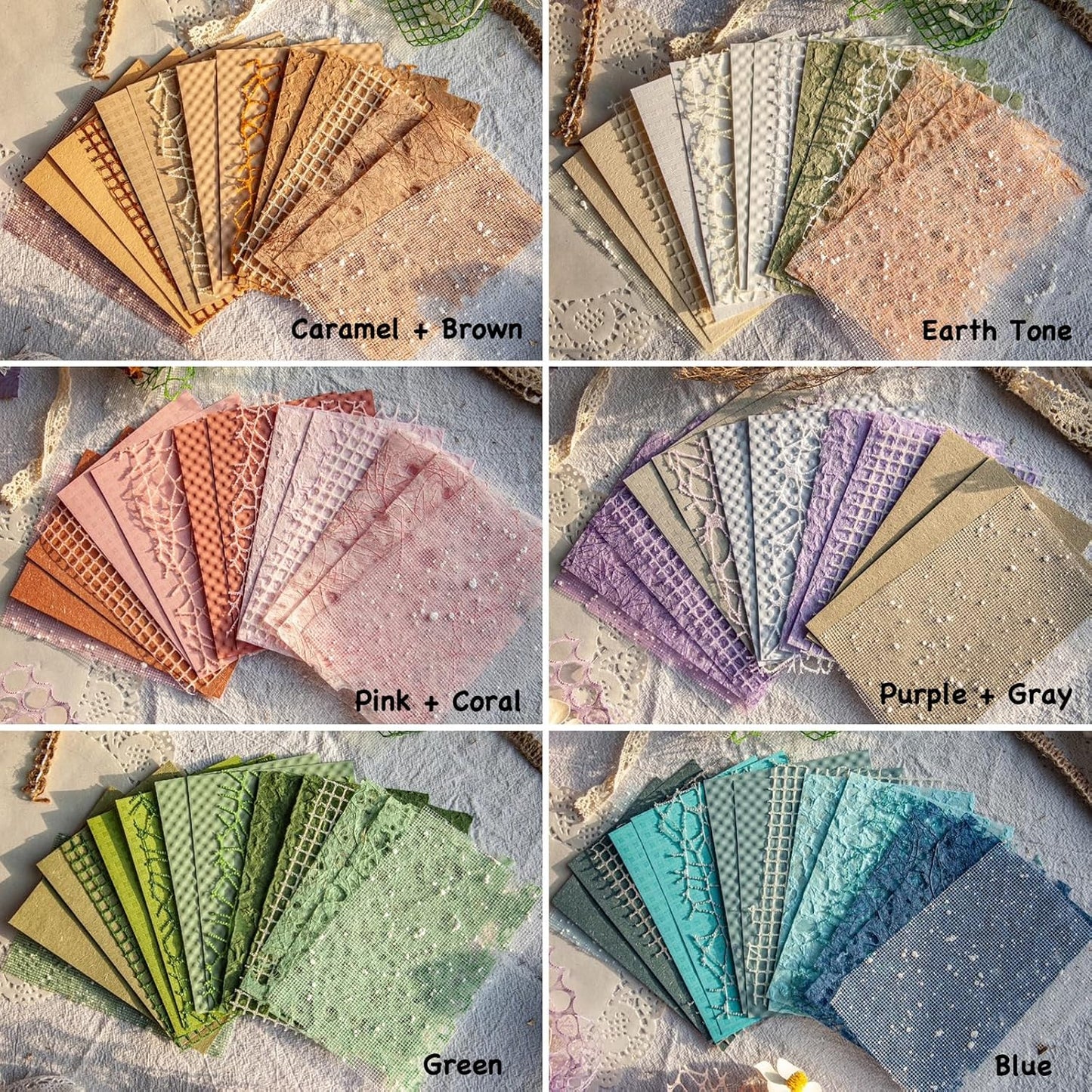 OMOMMD 96 Sheets Textured Scrapbook Paper and Mesh Fabric Assorted Set - 6 Pack Mixed Special Paper for Scrapbooking Planner Bullet Junk Journal Supplies Mixed Media Collage Card Embellishments 3.9x5.5 Inch
