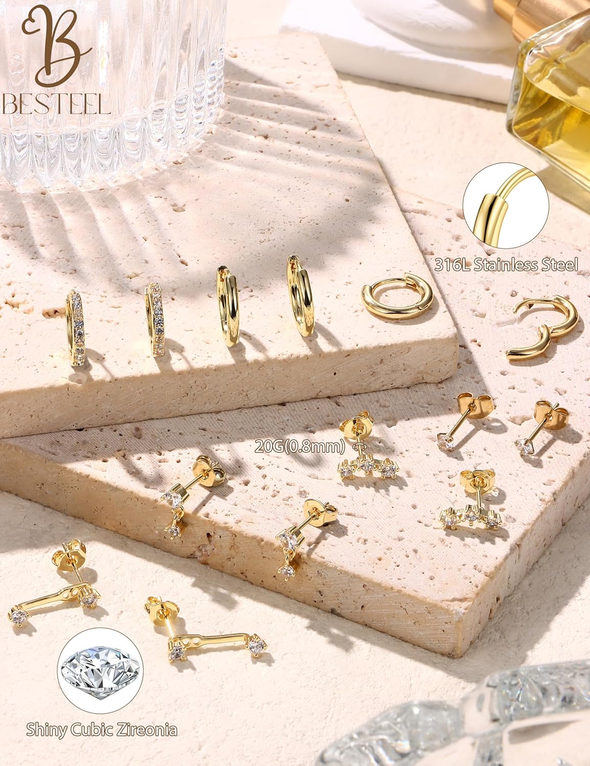 Small Stud Hoop Earrings for Women - 7 Pairs Hypoallergenic 14K Gold Plated Huggie Earring Sets for Multiple Piercing