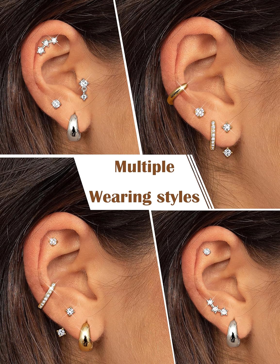 Small Stud Hoop Earrings for Women - 7 Pairs Hypoallergenic 14K Gold Plated Huggie Earring Sets for Multiple Piercing