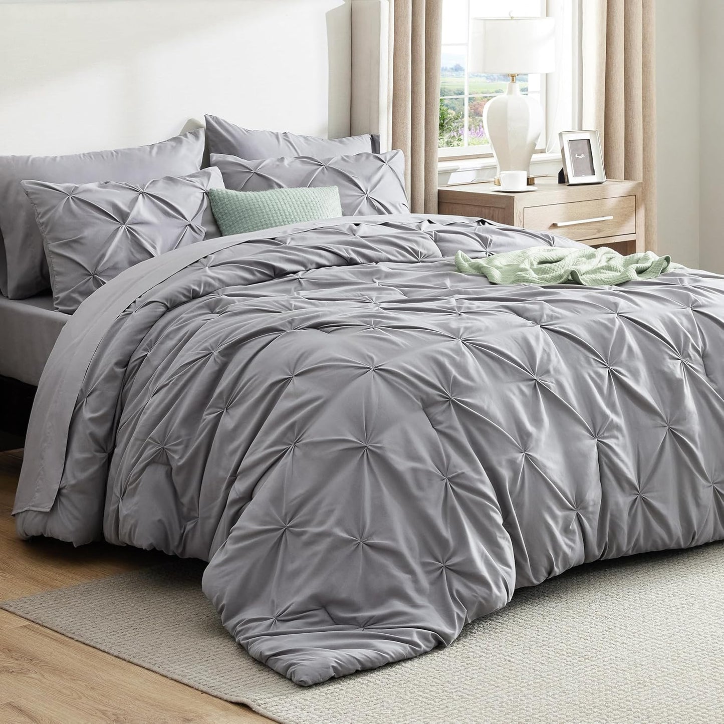 Queen Comforter Set Grey - Bed in a Bag Queen Size Bedding 7 Pieces, GentleSoft邃｢ Pintuck Bed Set Gift for Family, Pinch Pleat All Season Comforter with Sheets, Pillowcases & Shams