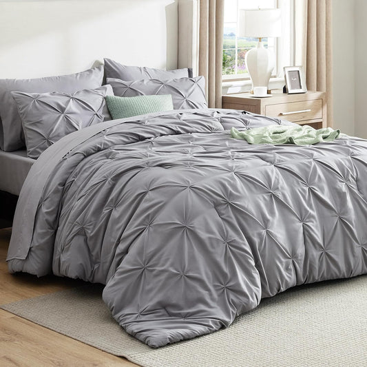 Queen Comforter Set Grey - Bed in a Bag Queen Size Bedding 7 Pieces, GentleSoft邃｢ Pintuck Bed Set Gift for Family, Pinch Pleat All Season Comforter with Sheets, Pillowcases & Shams