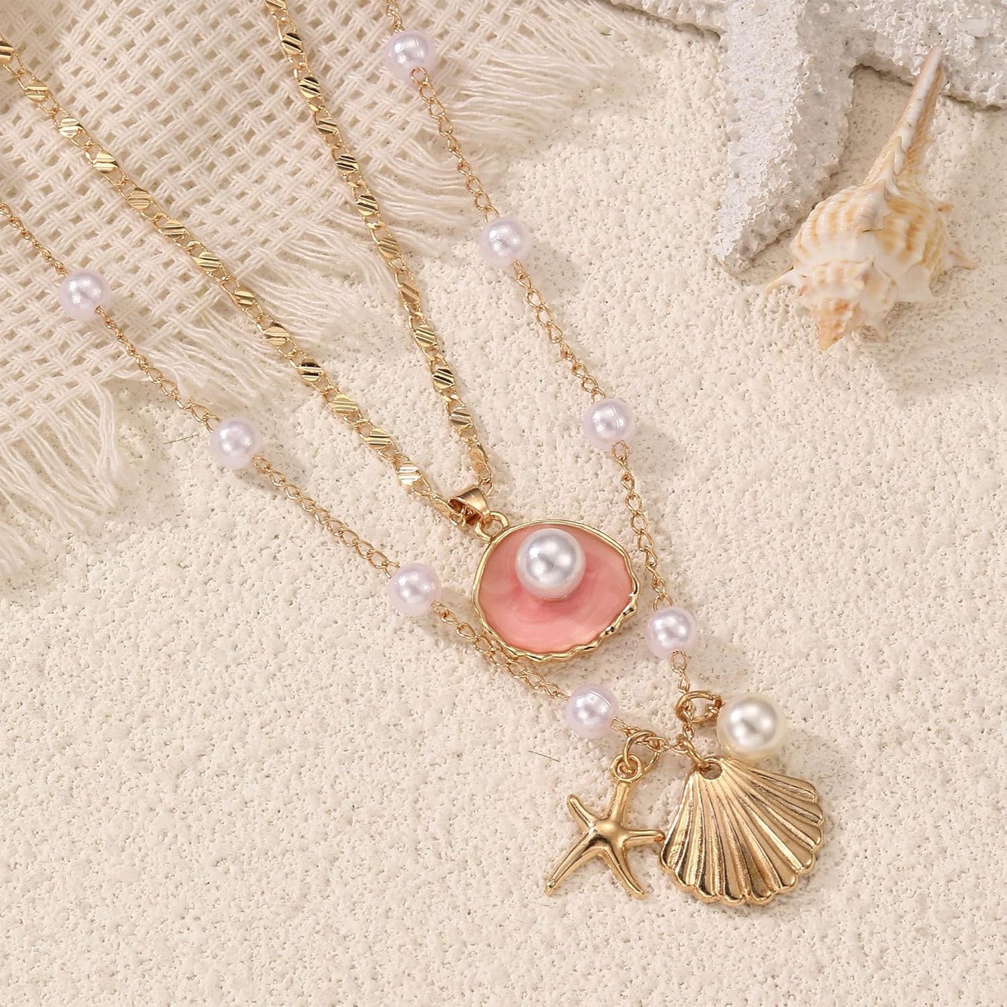 Layered Gold Shell Necklace With Conch & Starfish Pendant - Boho Non-Tarnish Summer Beach Vacation Jewelry Gift For Women