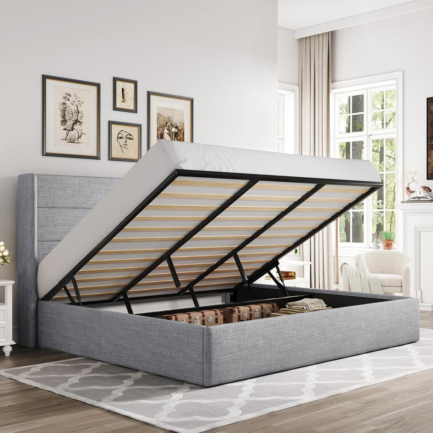King Size Lift Up Storage Bed, Modern Wingback Headboard, Hydraulic Support, No Box Spring Needed