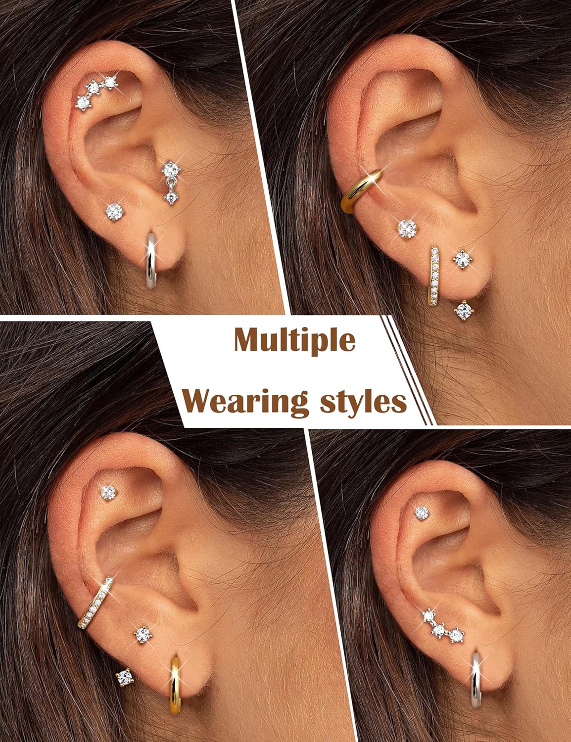 Small Stud Hoop Earrings for Women - 7 Pairs Hypoallergenic 14K Gold Plated Huggie Earring Sets for Multiple Piercing