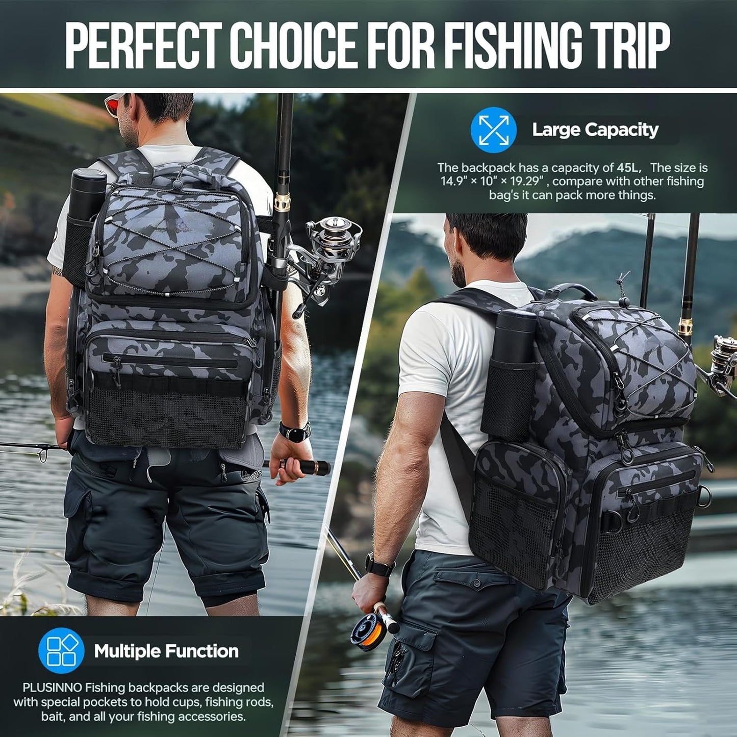 Cooler Fishing Backpack with Rod Holders 45L Large Water-resistant Fishing Tackle bag Store Fishing