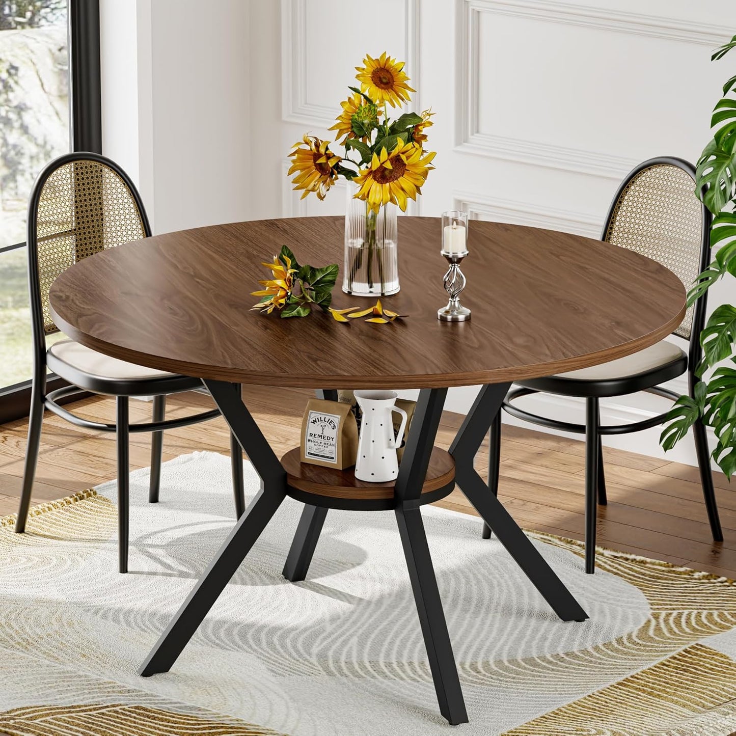 42" Round Dining Table for 4, Farmhouse Kitchen Table with Storage, Space Saving Circle Dinner Table