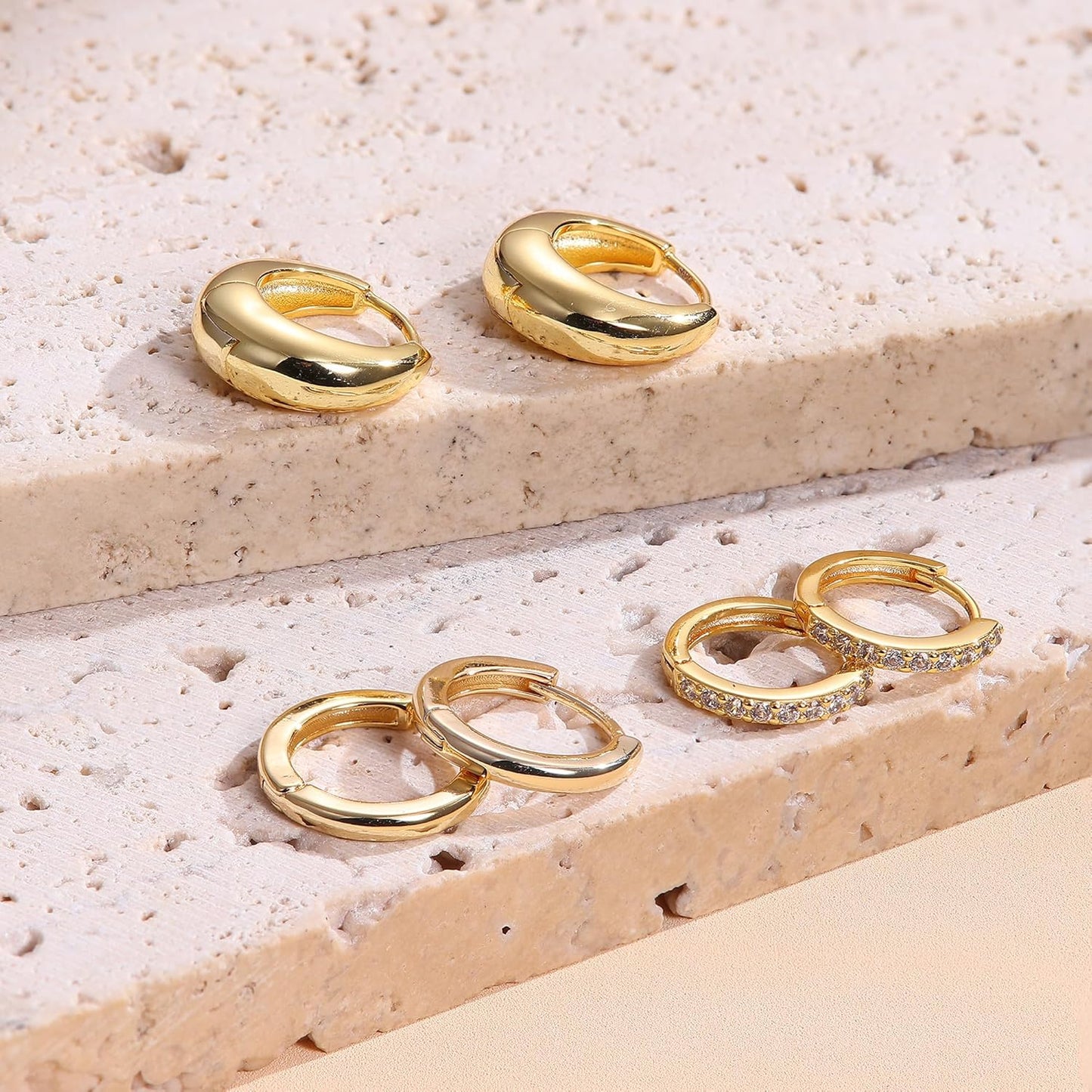 3Pairs 925 Sterling Silver, 14K Gold Plated Small Huggie Hoop Earrings Sets for Multiple Piercing CZ Cartilage Earrings Stacks