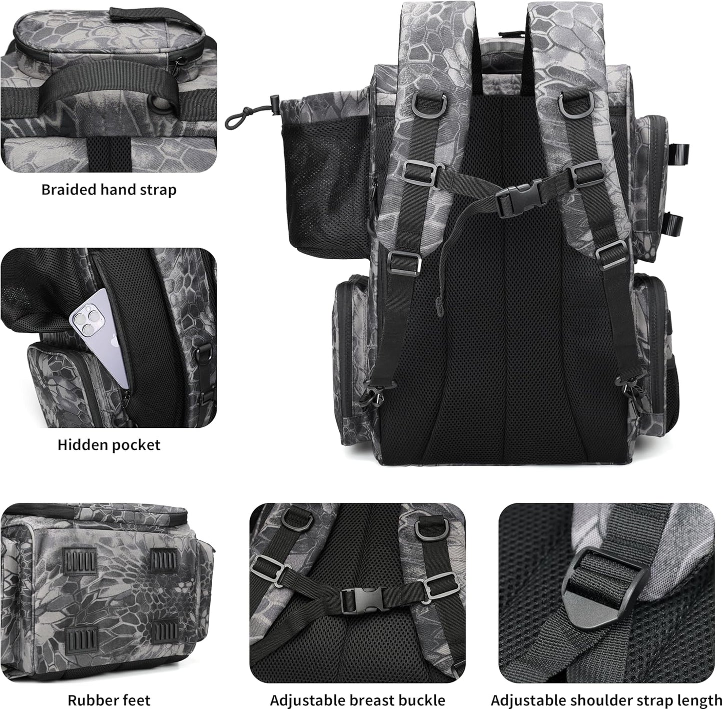 Fishing Tackle Backpack with Rod Holders, Bottle Holder, Storage Bag Store Fishing Gear