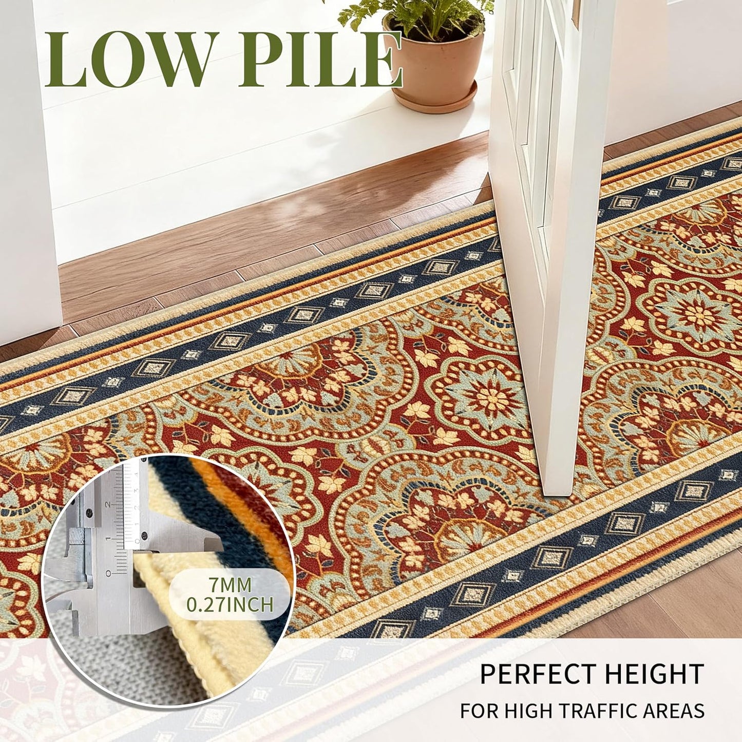 Washable 2x6 Runner Rug, Soft Boho Kitchen Hallway Runner Rug TPR Non-Slip Low Pile Farmhouse Floor Mat for Bathroom Laundry Bedroom Burgundy