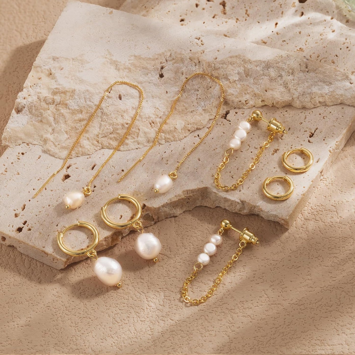 Pearl Dangle Hoop Earrings for Women - Dainty14K Gold Plated Small Drop Chain Hoops Trendy Earring Sets for