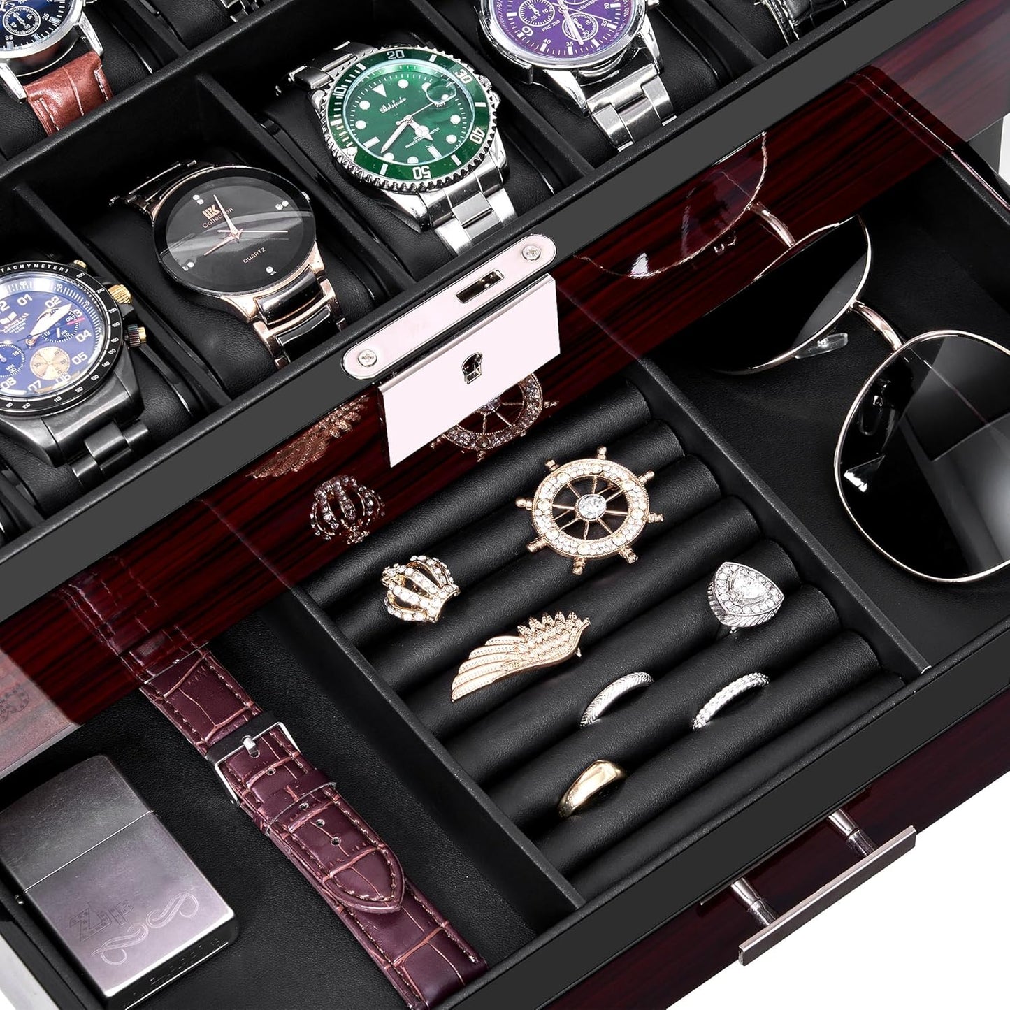 12 Slot Watch Cases for Men, Watch Box with Large Lid Jewelry Box, Watch Holder Organizer Lockable Watch