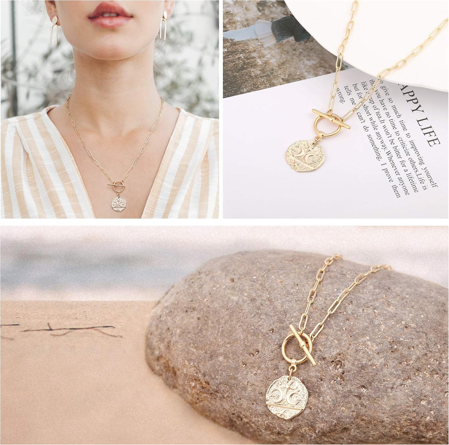 "18K Gold Plated Pendant Necklace, Moon Star Lion Evil Eye Heart Cross Charms, Paperclip Chain Choker, Dainty Layering Jewelry for Women"