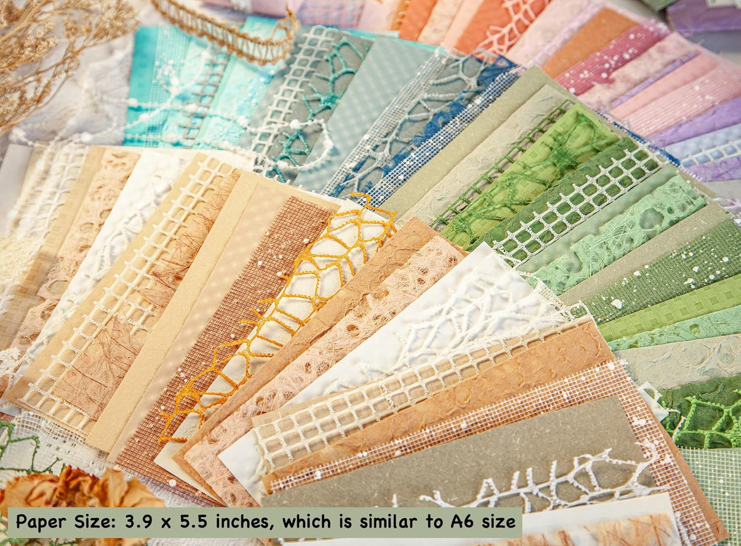 OMOMMD 96 Sheets Textured Scrapbook Paper and Mesh Fabric Assorted Set - 6 Pack Mixed Special Paper for Scrapbooking Planner Bullet Junk Journal Supplies Mixed Media Collage Card Embellishments 3.9x5.5 Inch