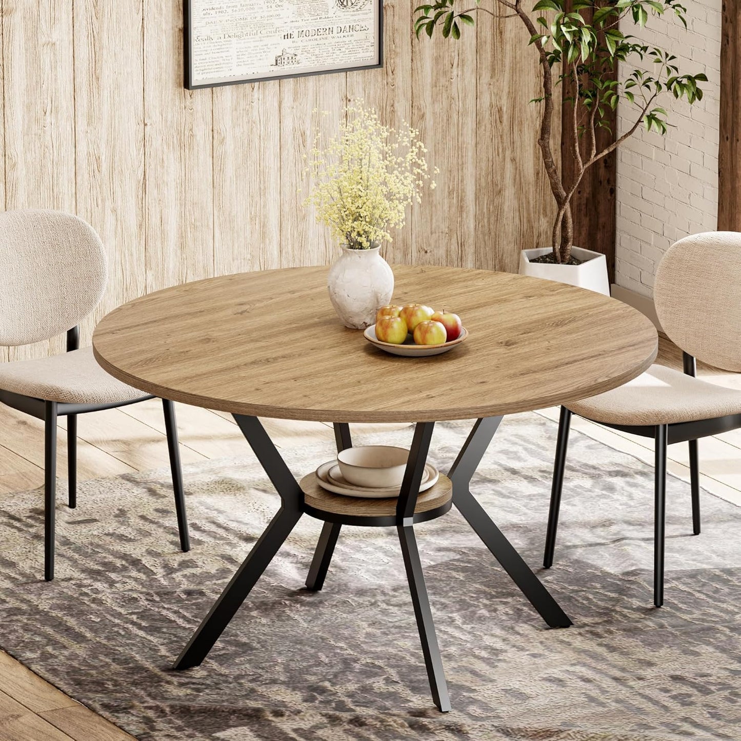 42" Round Dining Table for 4, Farmhouse Kitchen Table with Storage, Space Saving Circle Dinner Table