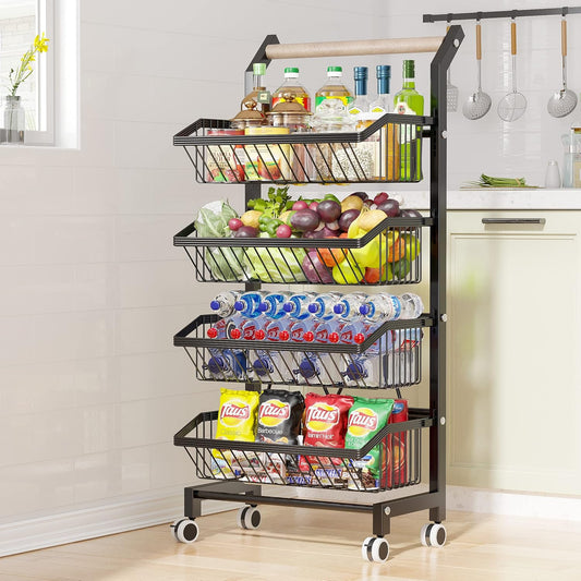 Snack Cart with Wheels 4-Tier Adjustable Fruit Rack Fruit Vegetable Basket Cart Metal  Utility Kitchen Cart