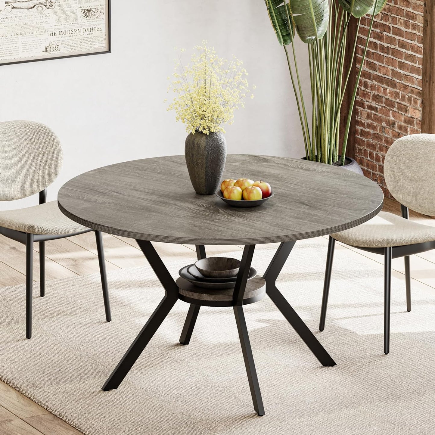 42" Round Dining Table for 4, Farmhouse Kitchen Table with Storage, Space Saving Circle Dinner Table
