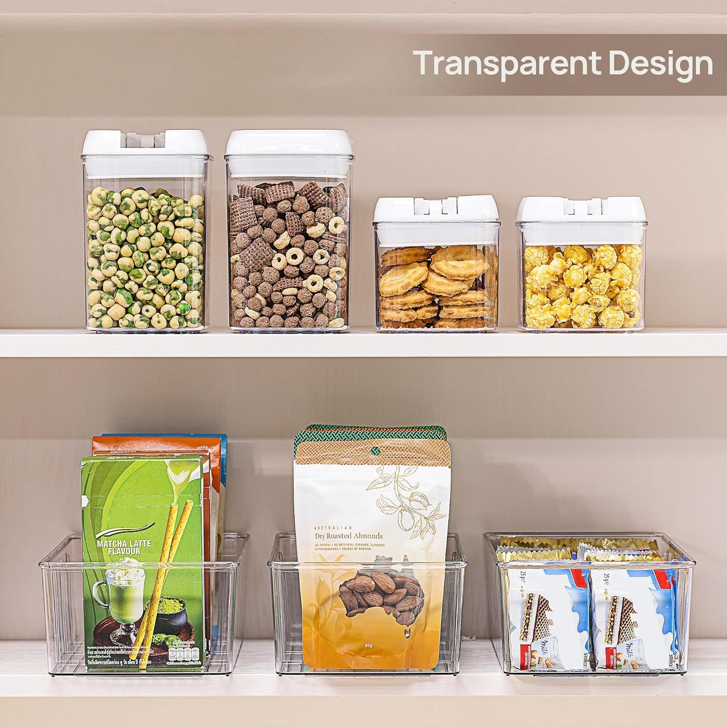 4 Pack Food Storage Organizer Bins, 4 Compartment Holder Packets, Clear Plastic Bins for Pantry