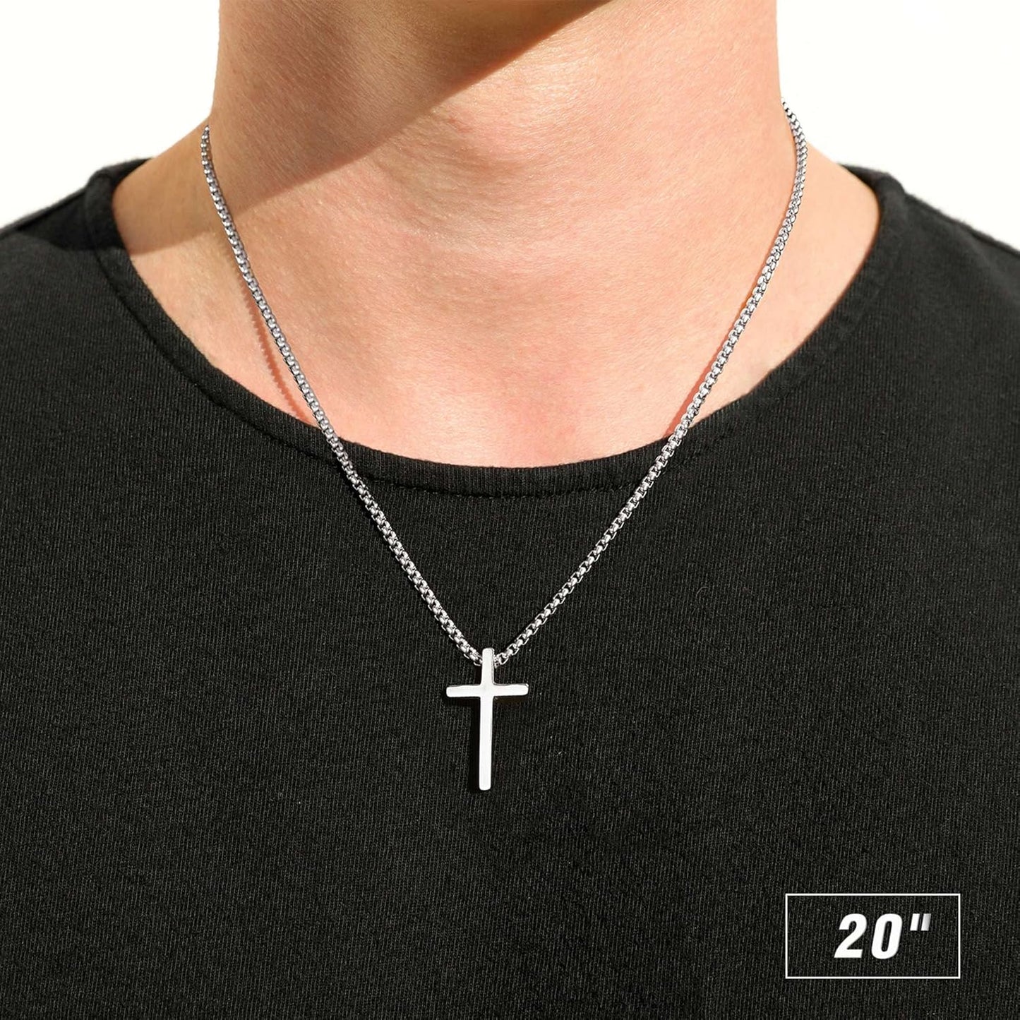 Cross Necklace For Men, Silver Black Gold Plain Cross Pendant With Adjustable Box Chain 16-30 Inch