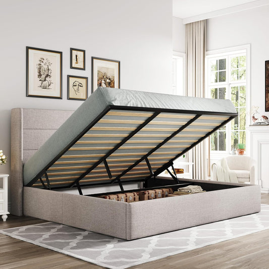 King Size Lift Up Storage Bed, Modern Wingback Headboard, Hydraulic Support, No Box Spring Needed