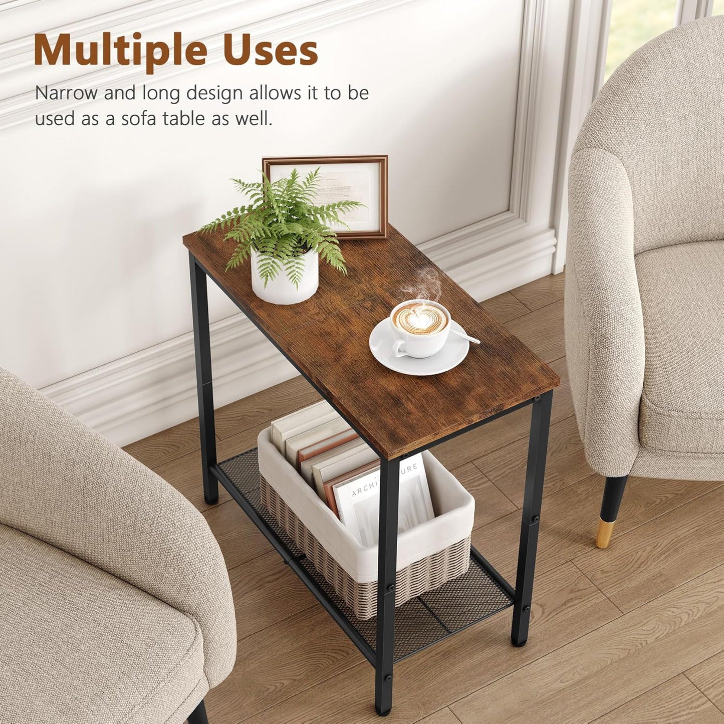 2 Tier End Table, Sofa Side Table, Slim Nightstand for Small Spaces, Metal Frame
