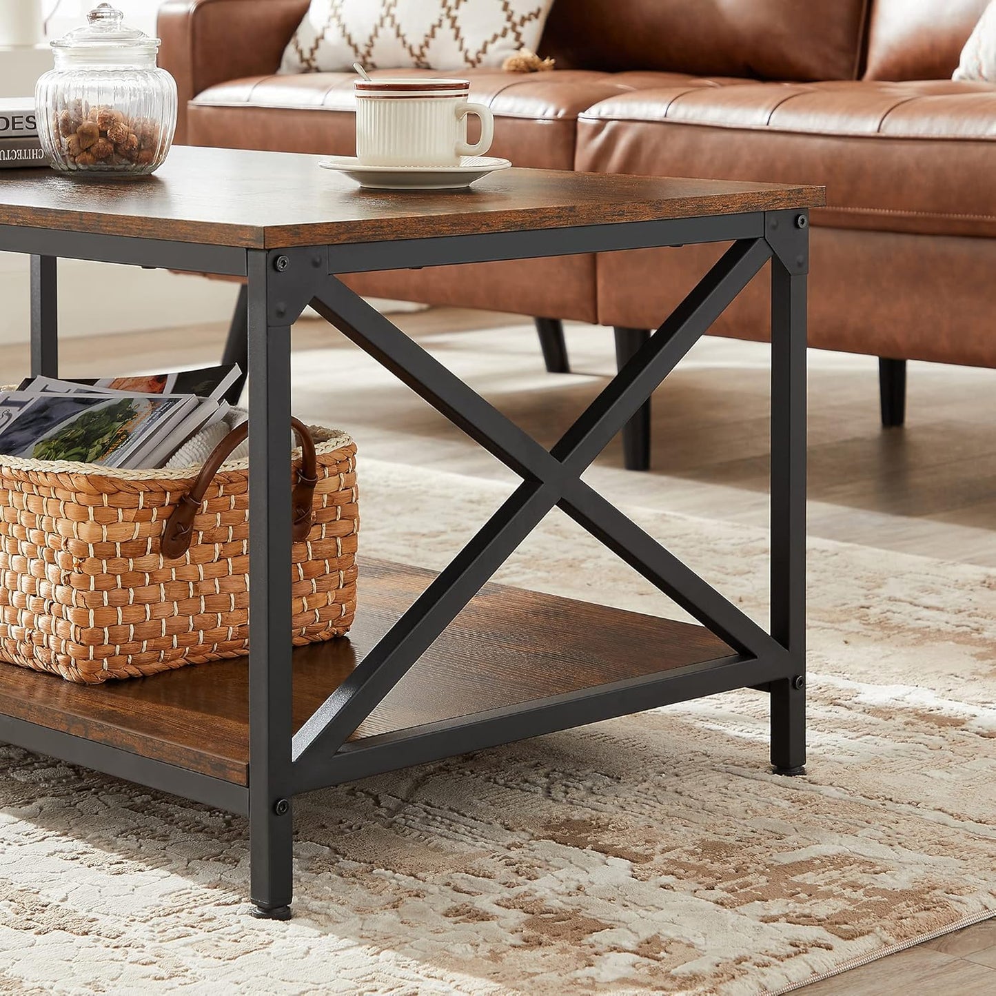 Coffee Table, Cocktail Table with Storage Shelf and X-Shape Steel Frame, Industrial Farmhouse Style