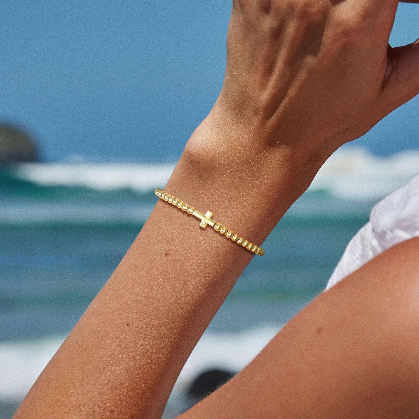 Gold Bracelets for Women 14K Gold Plated Beaded Bracelets Gold Stretch Bead Bracelet Handmade Ball Charm Bracelet