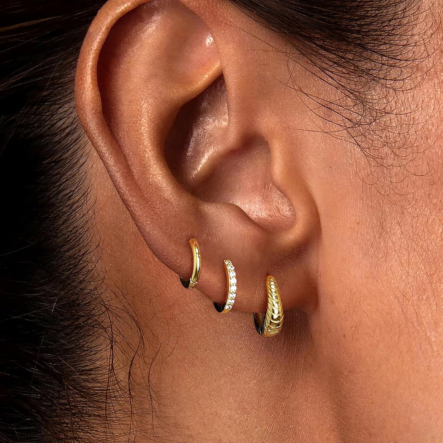 Small Sterling Silver Huggie Hoop Earrings Set for Women, 14K Gold Plated Hoops Stacks for Multiple Piercings