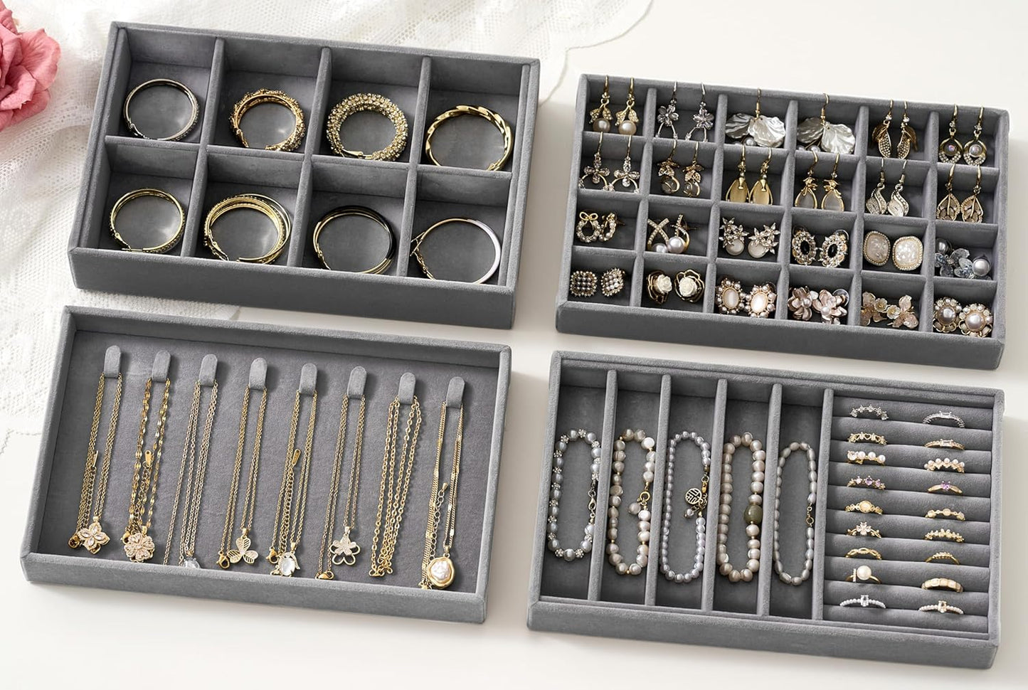 Stackable 4-Layer Jewelry Tray Set for Earrings, Rings, Necklaces, Bracelets with Removable Dividers for Dresser & Vanity
