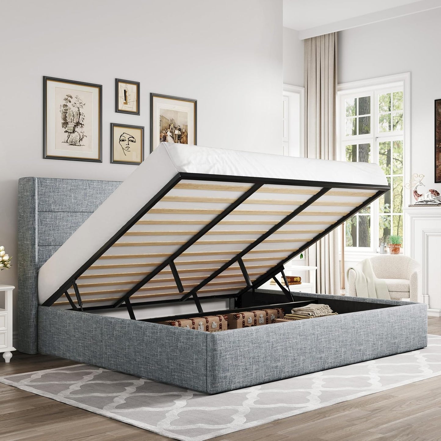 King Size Lift Up Storage Bed, Modern Wingback Headboard, Hydraulic Support, No Box Spring Needed
