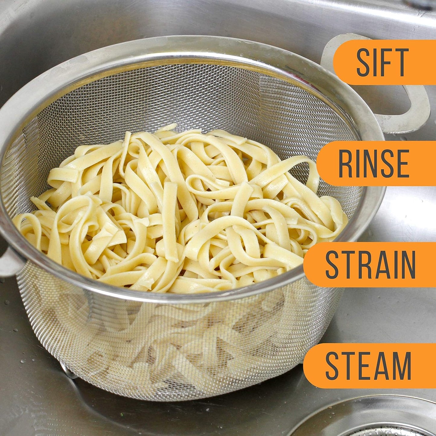 Stainless Steel Colander Strainer Basket - 3-Quart Colander with Resting Feet & Handles - Wide Rim Sieve
