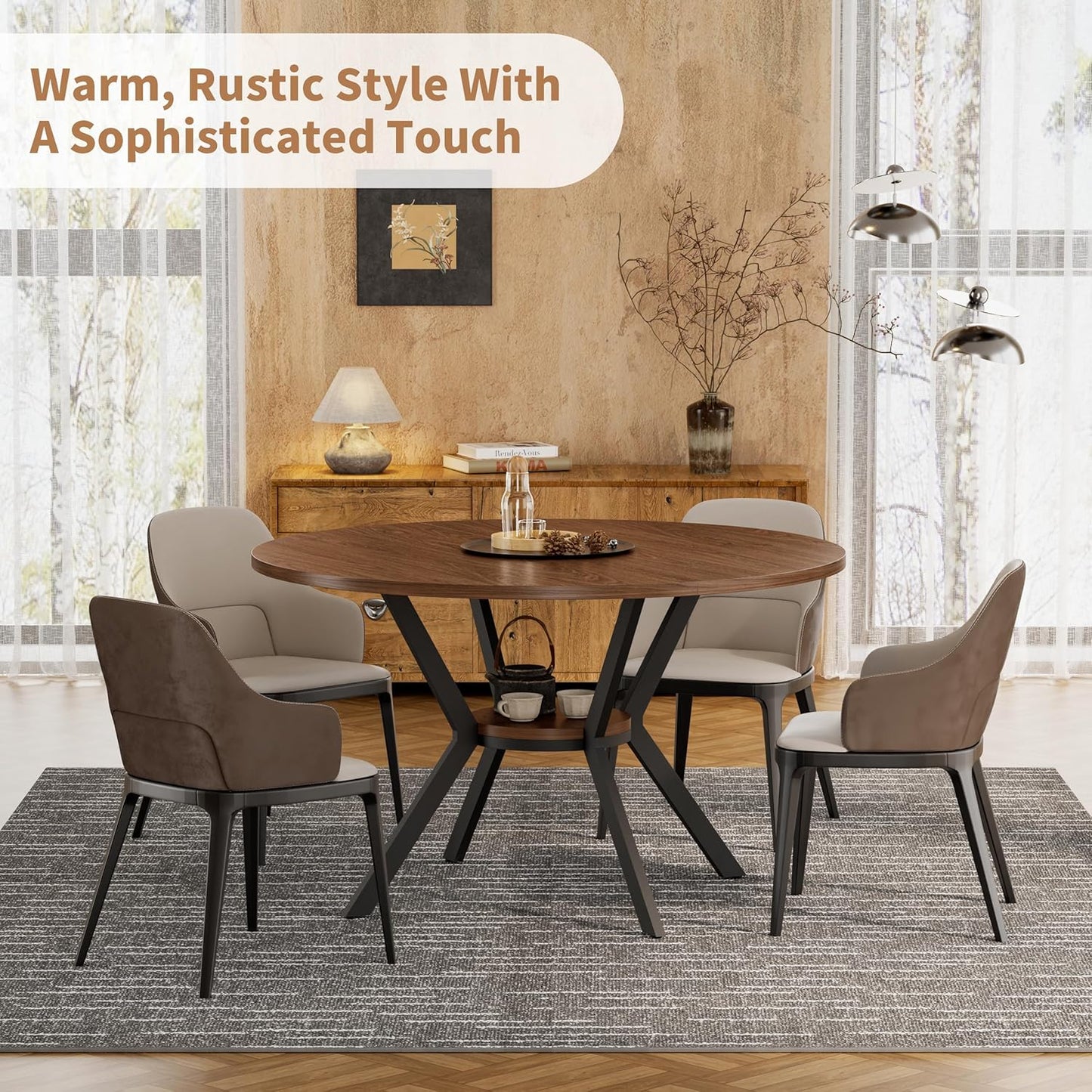 42" Round Dining Table for 4, Farmhouse Kitchen Table with Storage, Space Saving Circle Dinner Table