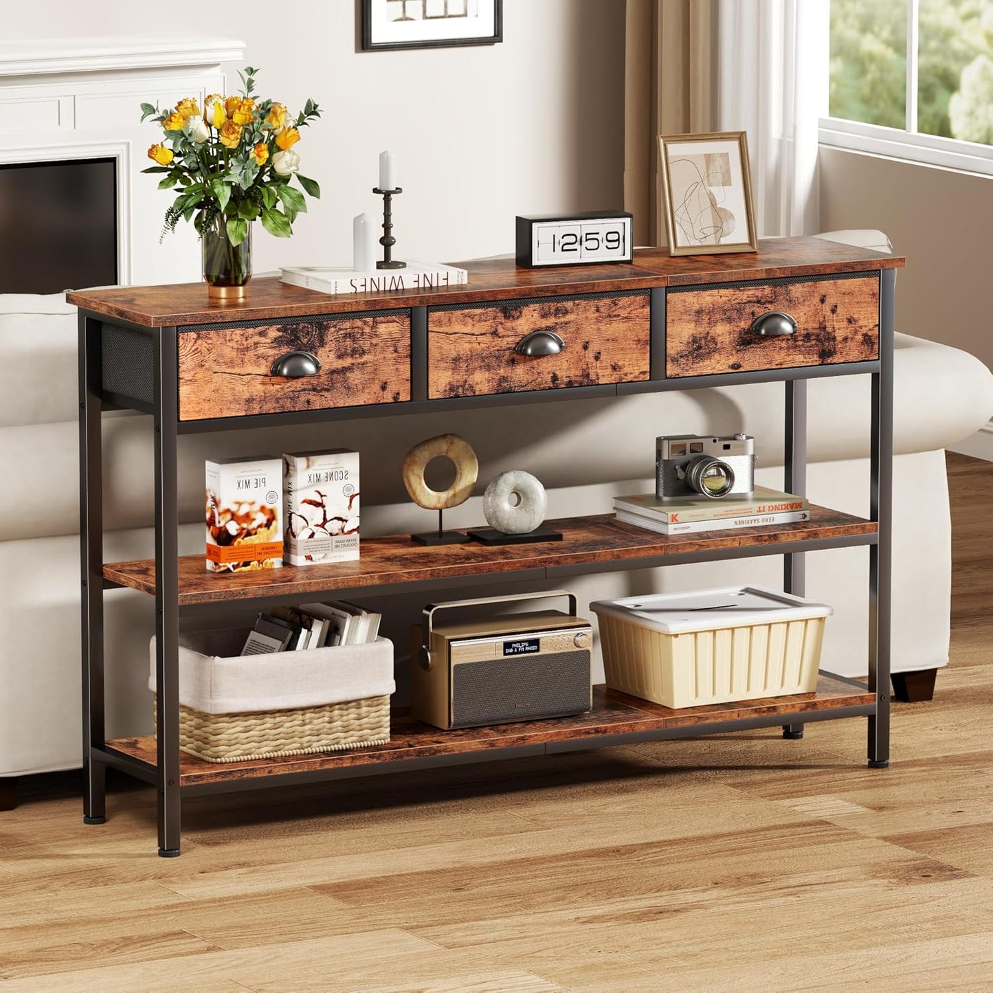 Long 47" Console Sofa Table with 3 Drawers, Entryway Table with 3-Tier Storage Shelves