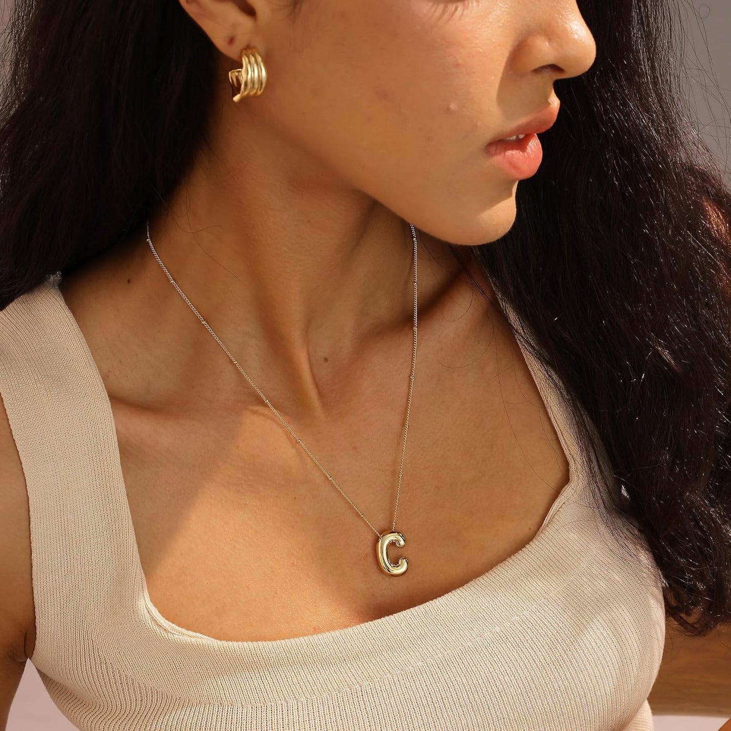 Bubble Gold Letter Necklace, 14k Gold Plated Balloon Initial Pendant, Dainty Chunky Custom Name Necklace for Women