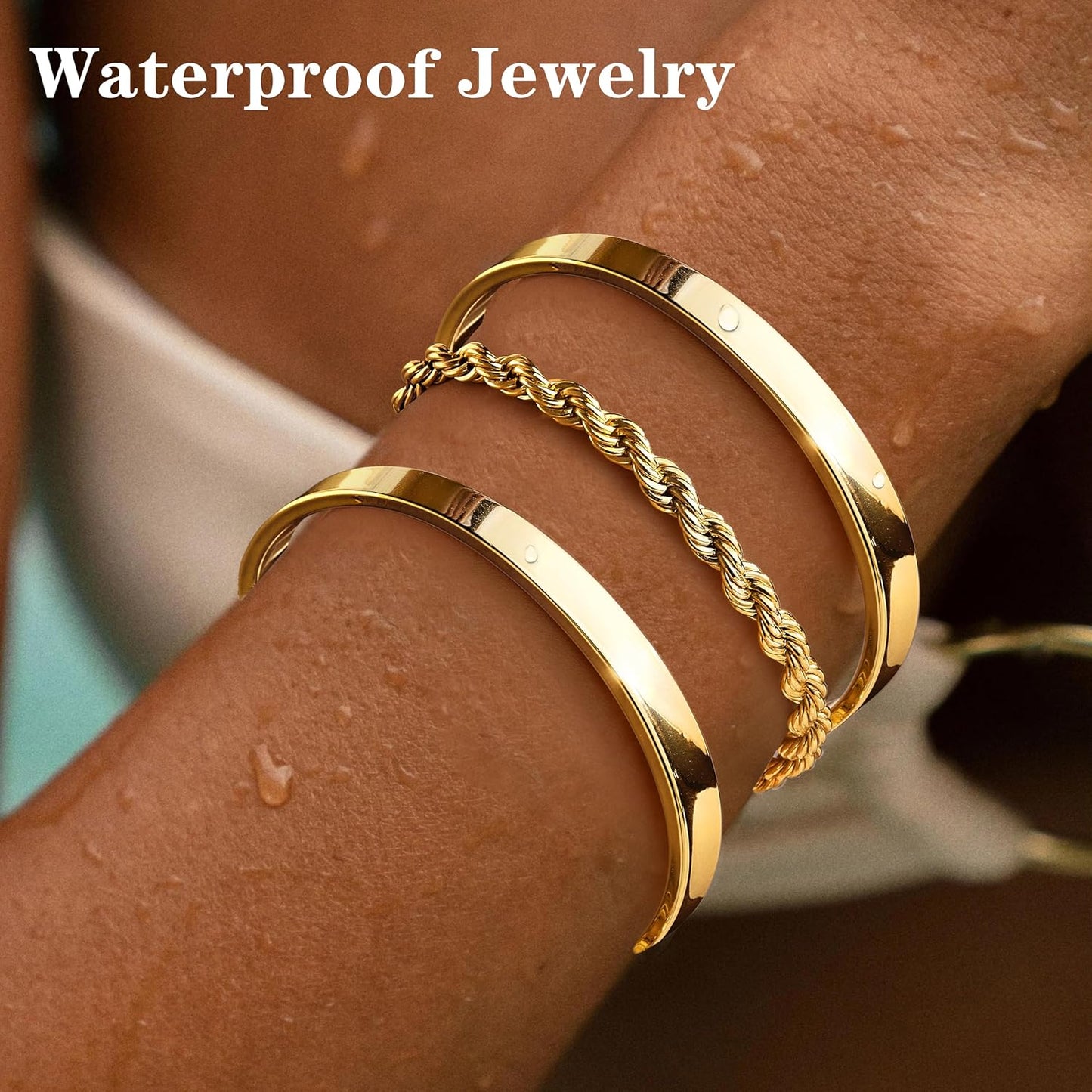 Gold Bracelets for Women Non Tarnish Dainty 14K Real Gold Plated Bangle Cuff Bracelets Stack for Women