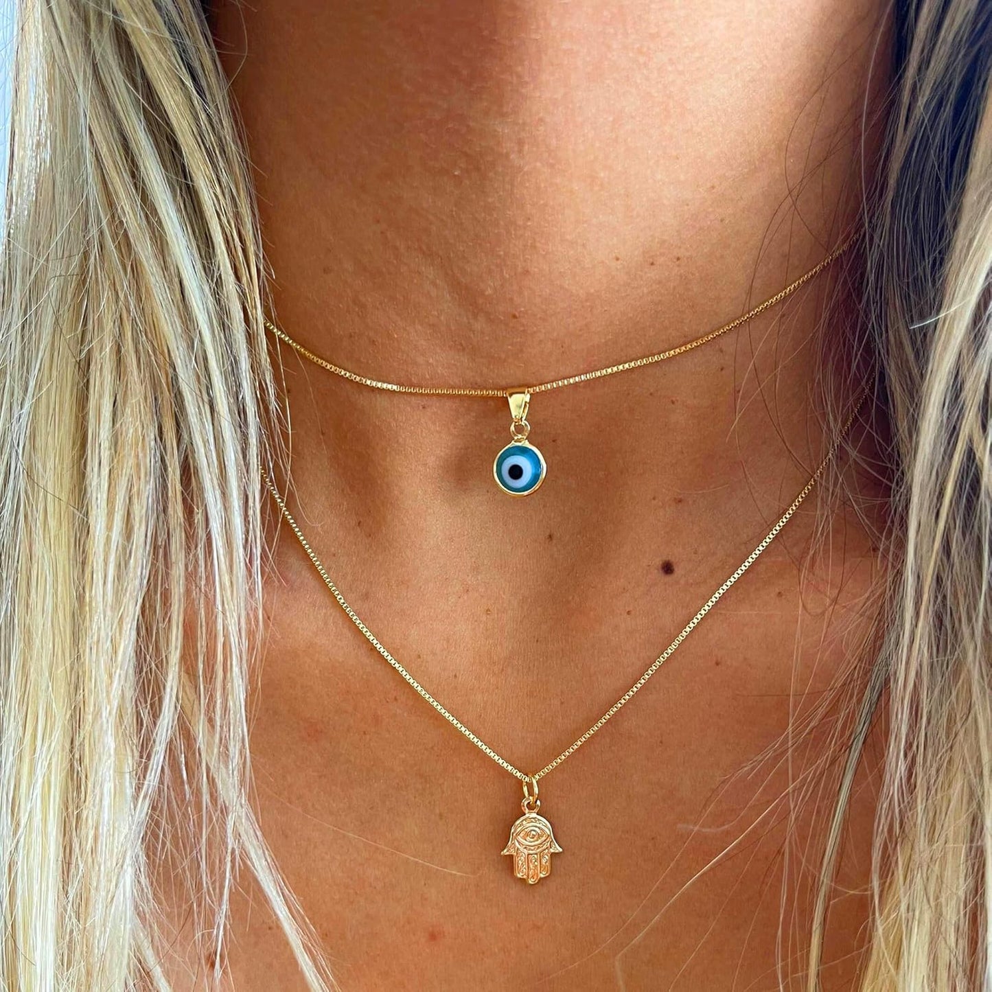 Evil Eye Necklace: 14K Gold Plated Blue CZ Diamond Boho Pendant for Women, Protection Gift