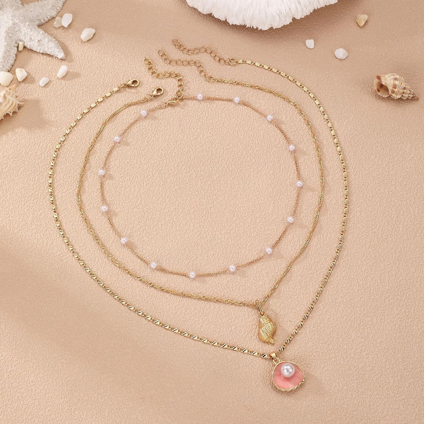 Layered Gold Shell Necklace With Conch & Starfish Pendant - Boho Non-Tarnish Summer Beach Vacation Jewelry Gift For Women