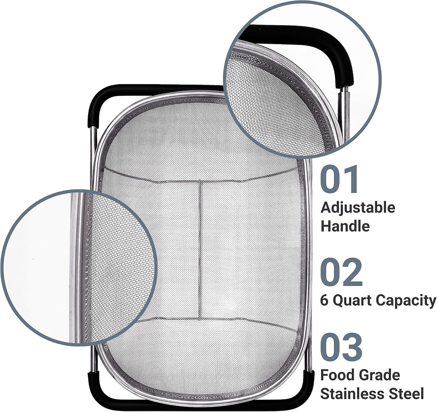 Over the Sink Colander Strainer Basket Stainless Steel, For Kitchen Sink with Rubber Grip, Fine Mesh, Large Kitchen Gadgets Tools
