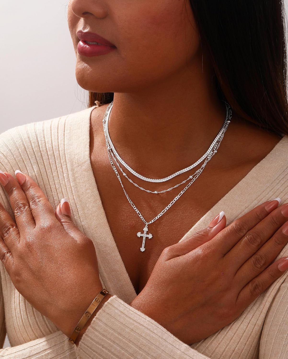Women's Necklace - 14K Gold/Silver Plated Layered Chain With Cross, Coin & Pearl Pendants - Stackable Trendy Jewelry Gift For Her