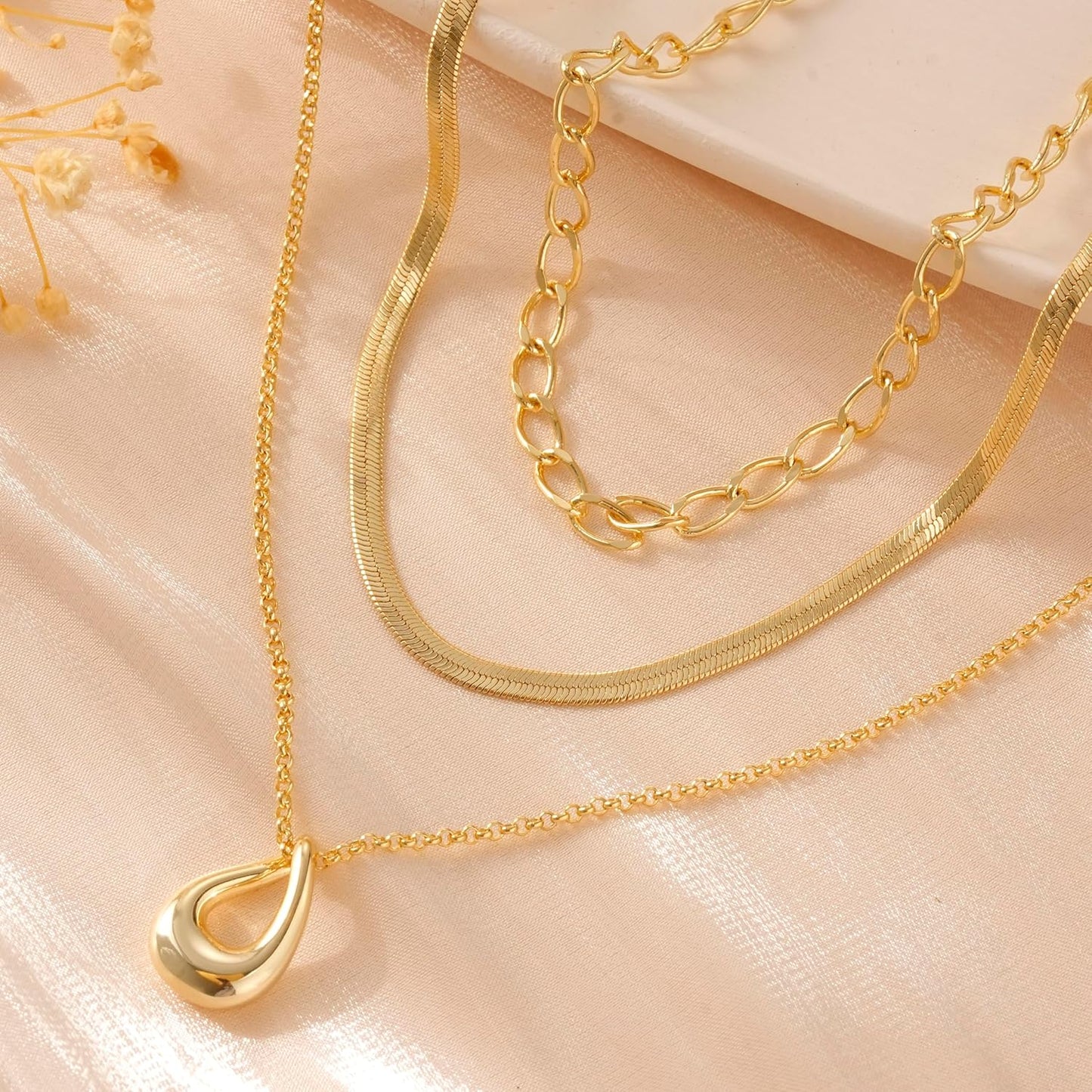 "14K Gold/Silver Plated 3Pcs Layered Necklace Set, Dainty Herringbone Choker & Chain, Trendy Stackable Jewelry for Women"