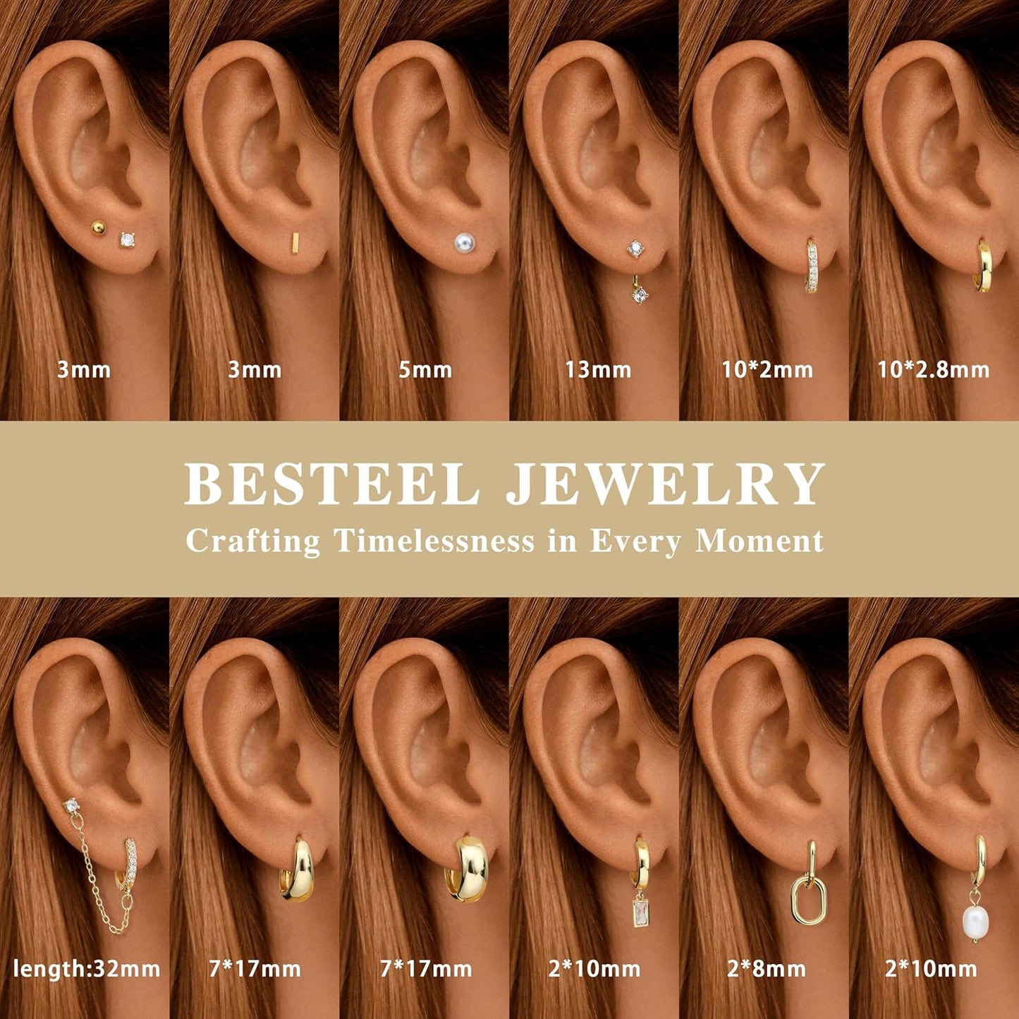 13 Pairs Small Gold Hoop Earrings Set for Women 14K Gold Plated Lightweight Huggie Hoops Pearl Dainty Stud Hoop