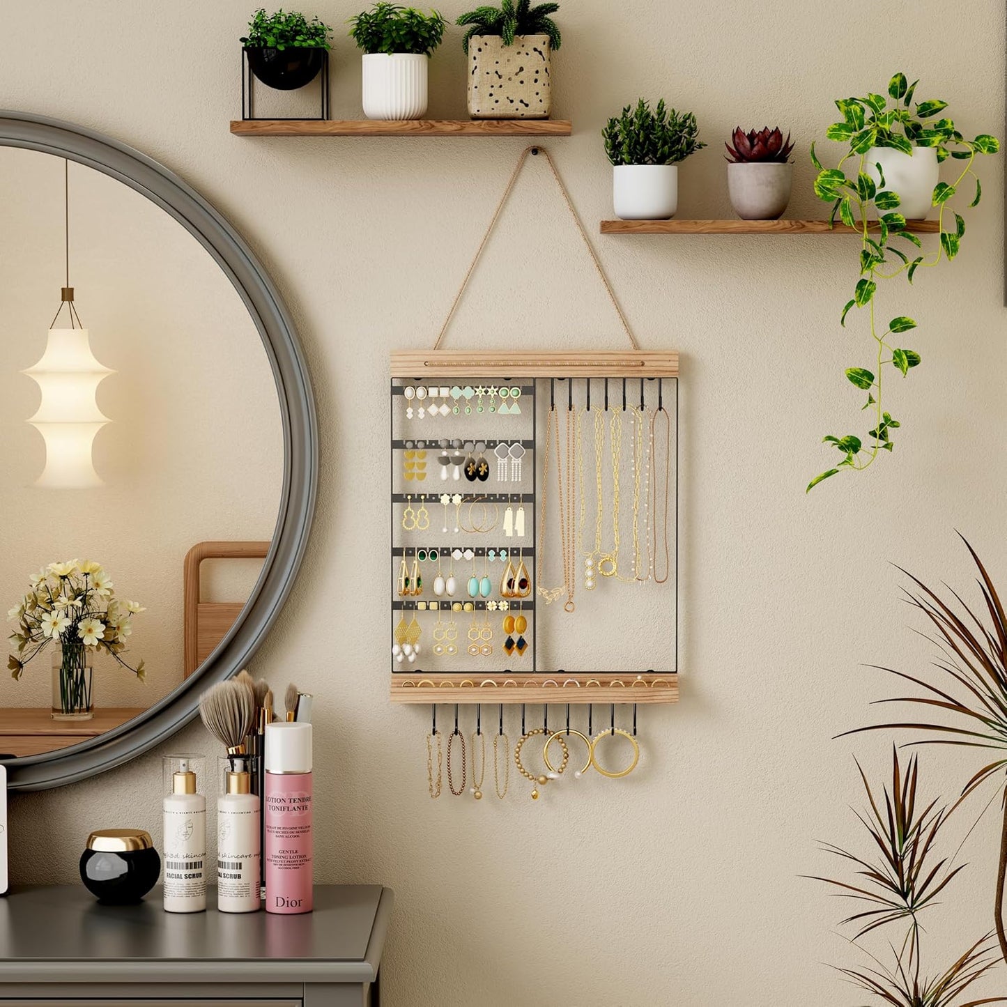 Hanging Jewelry Organizer, 5-Tier Wall Earring Holder with Wooden Ring Groove, Jewelry Rack Wall Mounted