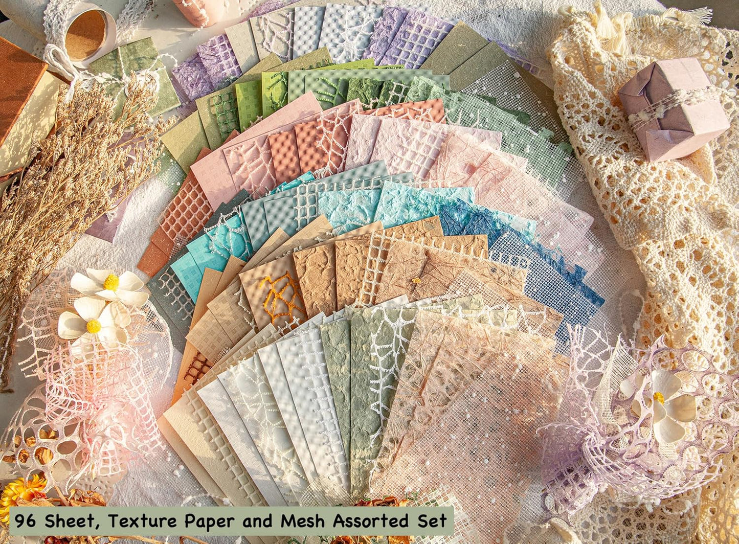 OMOMMD 96 Sheets Textured Scrapbook Paper and Mesh Fabric Assorted Set - 6 Pack Mixed Special Paper for Scrapbooking Planner Bullet Junk Journal Supplies Mixed Media Collage Card Embellishments 3.9x5.5 Inch