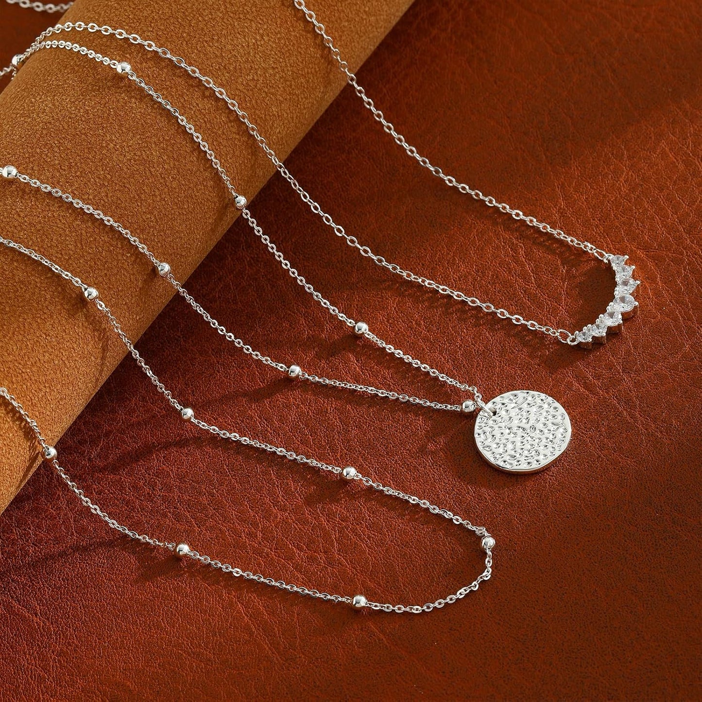 "Layered Sterling Silver Necklace Set for Women, 14K Gold Plated Stackable Choker with Disc Pendant, Dainty Trendy Jewelry"