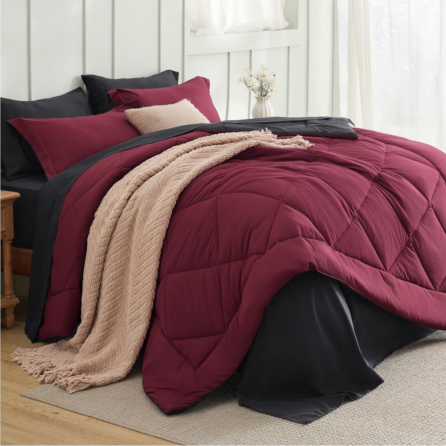 Queen Comforter Set - 7 count Reversible Grey Bedding, Queen Size Bed Set for All Seasonsz